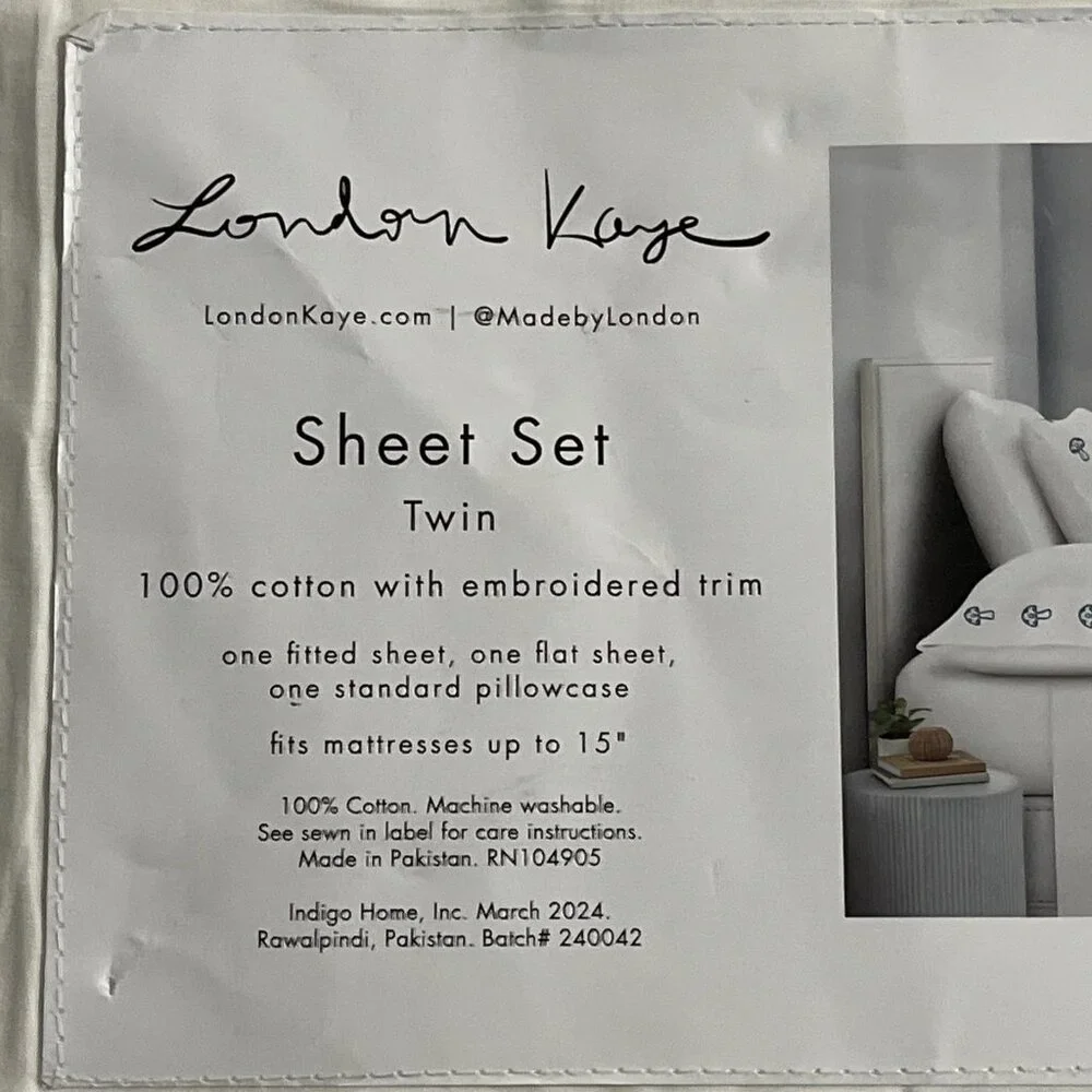 London Kaye Twin Sheet Set Green Mushroom Embroidered White Cotton 70s Retro‎